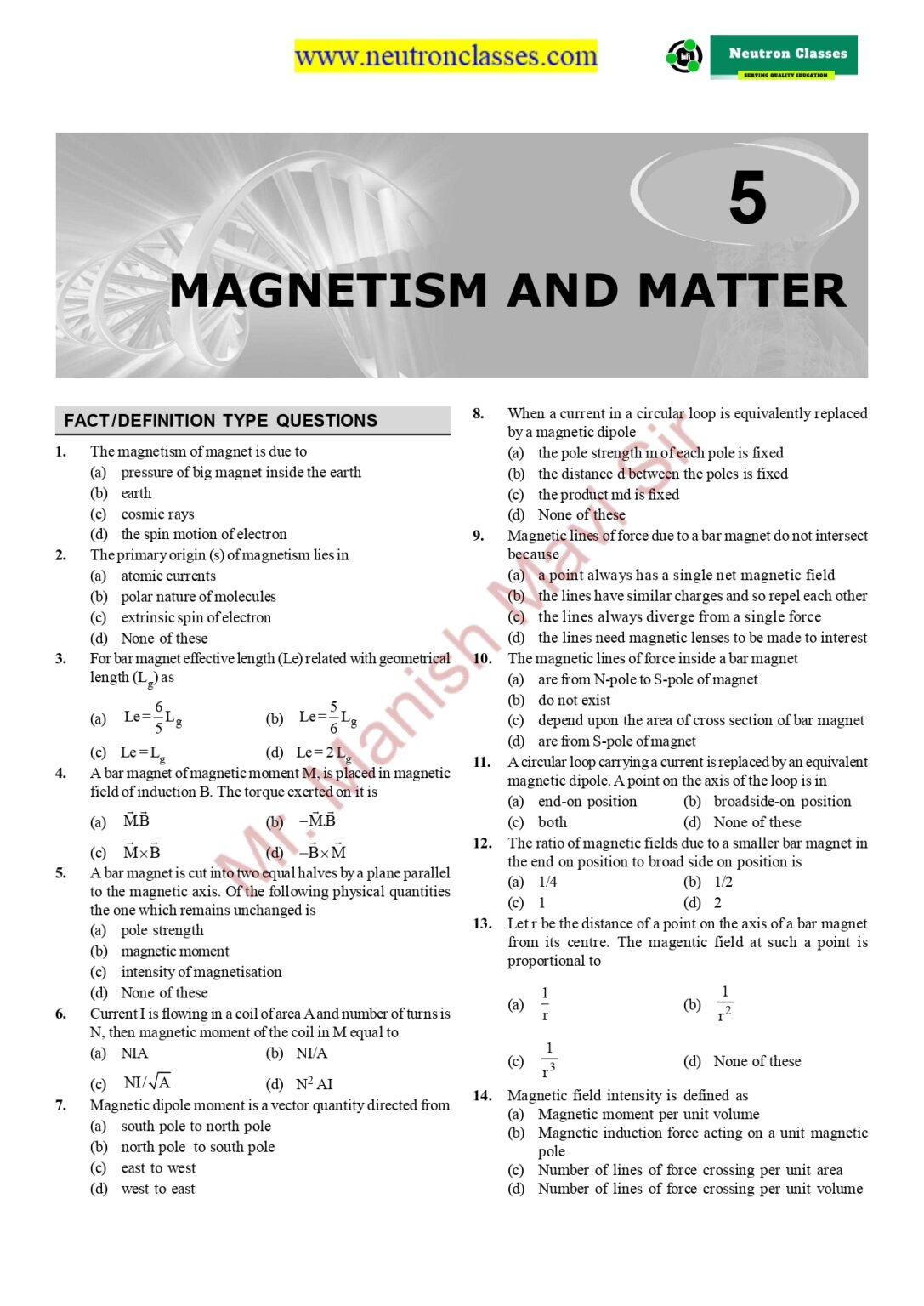 Magnetism And Matter Chapter 5 MCQ Neutron Classes