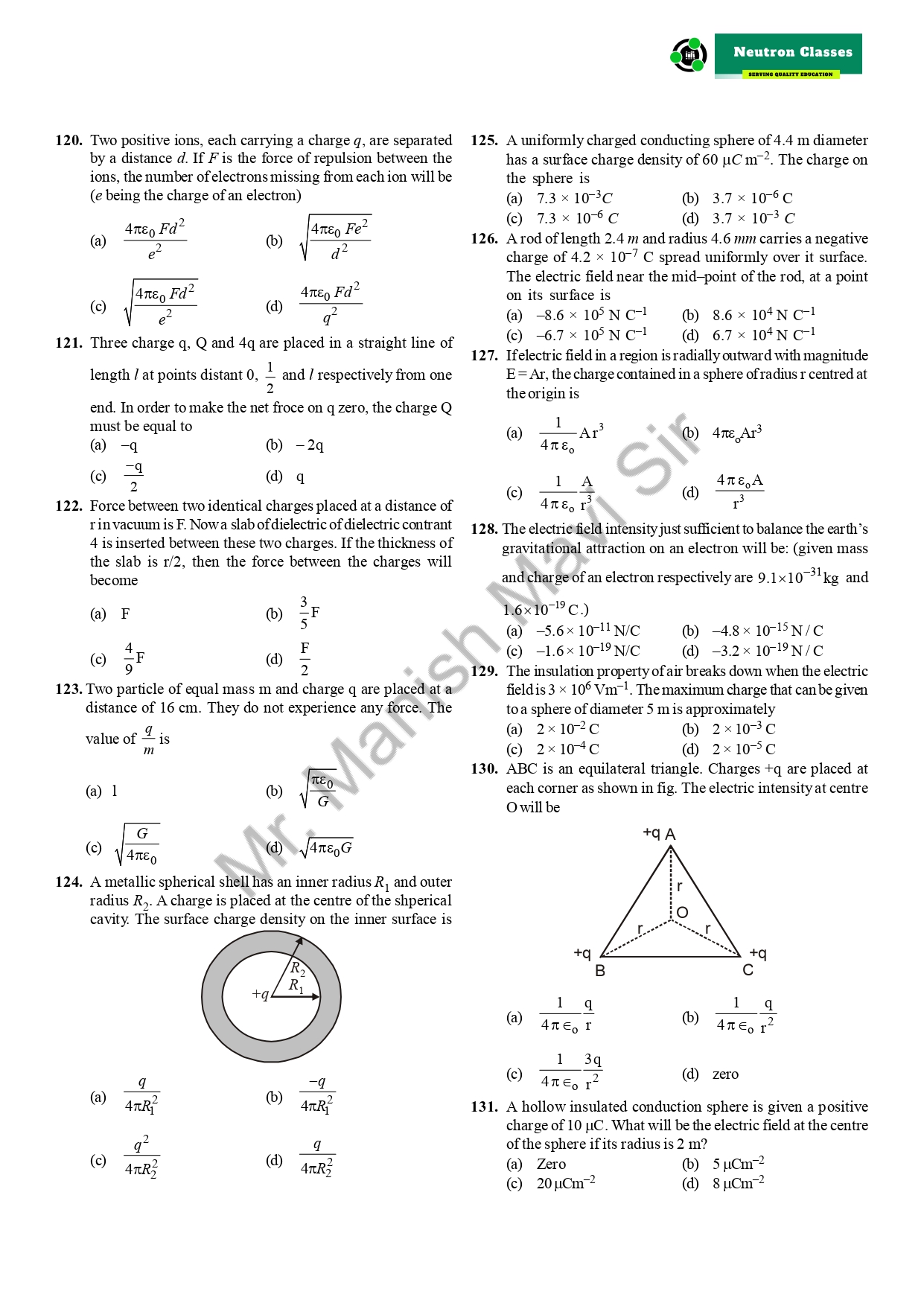 Electric Charges and Fields- Chapter 1- MCQ - Neutron Classes